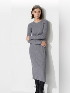 uniqlo u denim dress UNIQLO U Cotton Denim Drawstring Long Sleeve Dress in Blue Size Small S